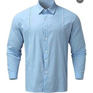 JEKAOYI Blue Cotton Linen Blend Button Down Long Sleeve Dress Shirt L